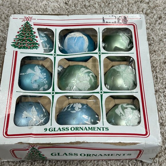 Vintage Green & Blue Christmas Glass Ornaments 9 With Dove & Bell Designs - Picture 1 of 5